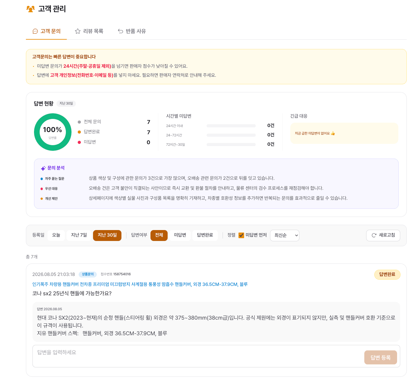 고객 관리 — 답변률·시간별 미답변 현황과 AI 문의 분석